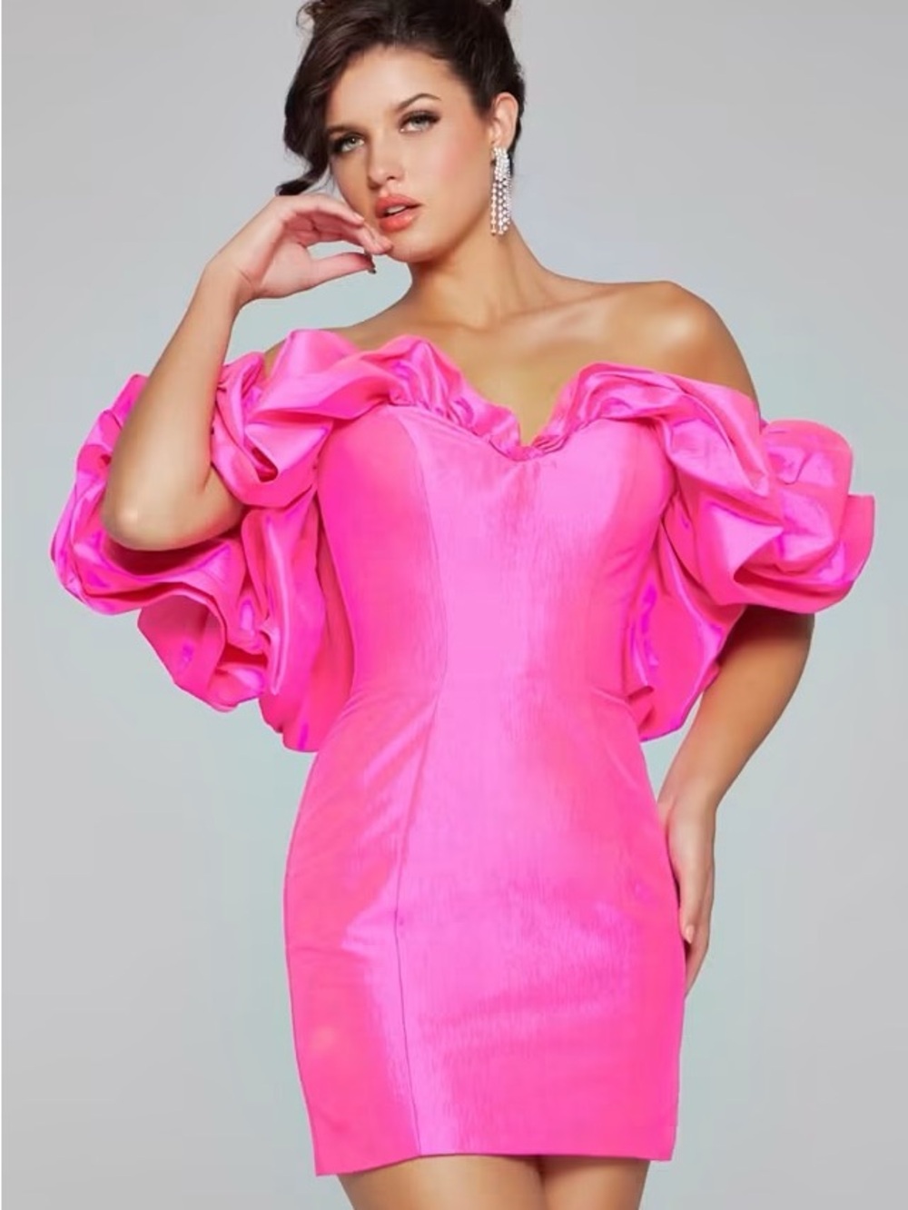 Jovani Hot Pink Off-Shoulder Ruffle Mini Dress - Picture 2 of 2
